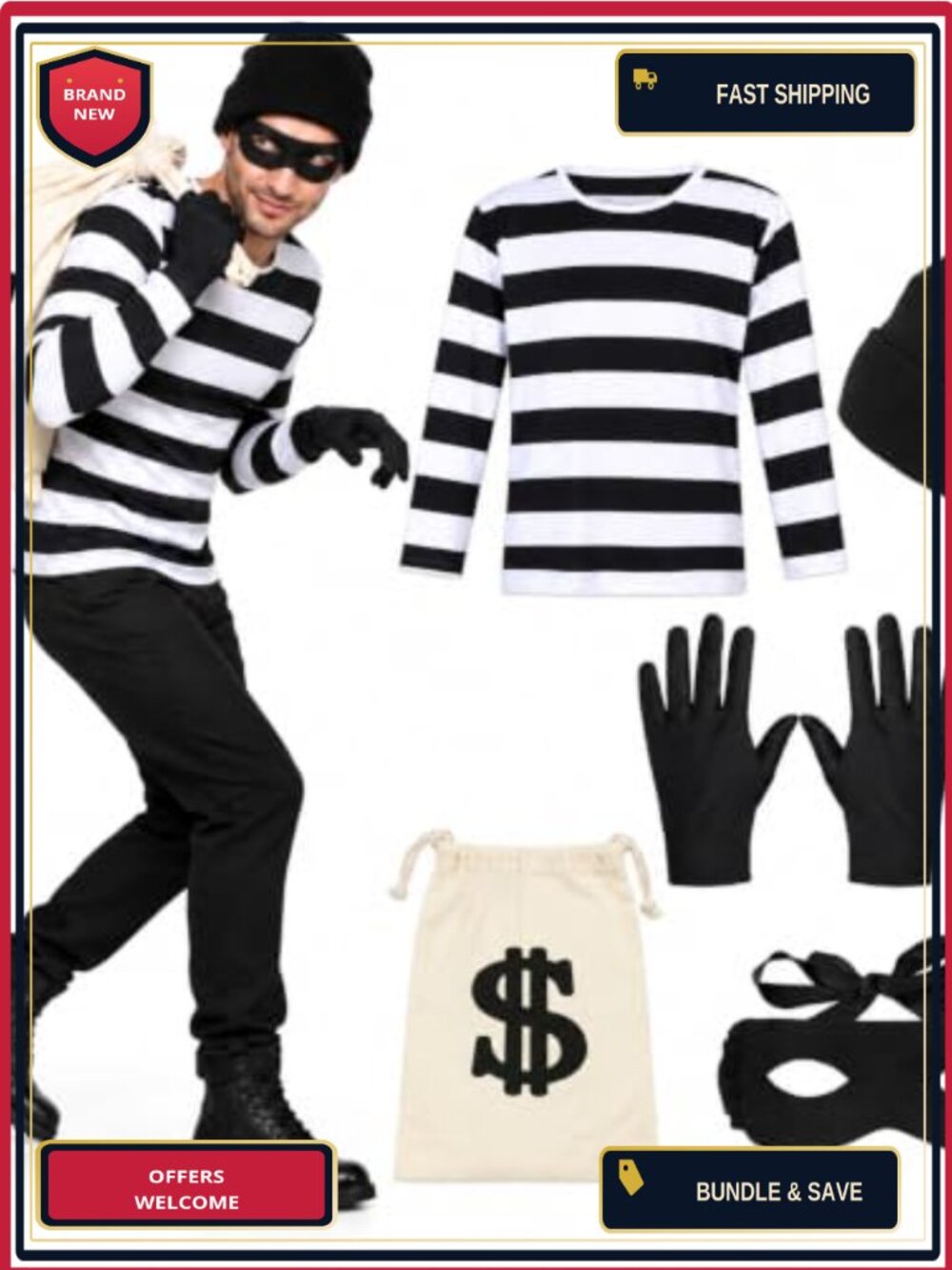 5Pc Adult Robber Costume Set Striped Shirt Money Bag Cosplay Halloween